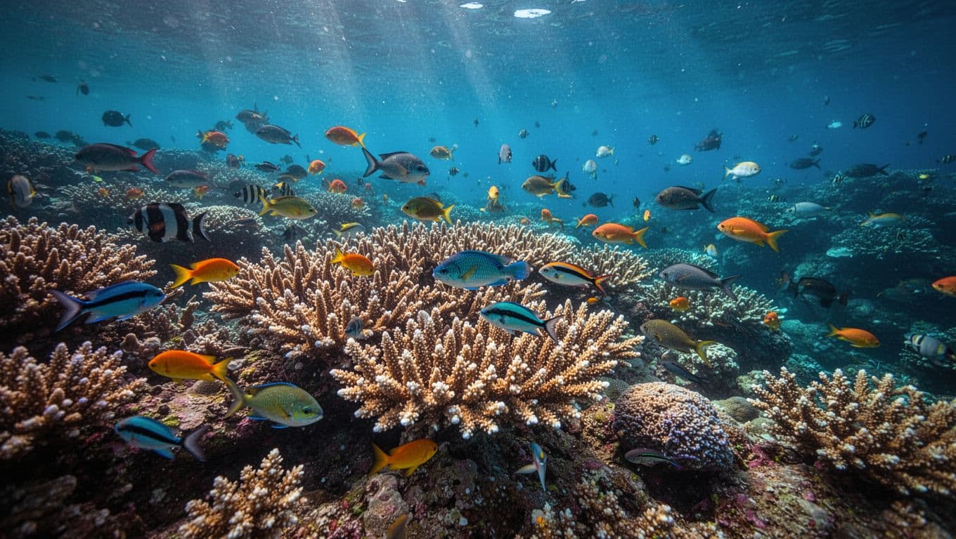 Sunlight rays pierce through crystal clear water, illuminating a colorful coral reef teeming with exotic fish. The scene highlights deep blue depths and glowing cyan highlights along the intricate seafloor structures.