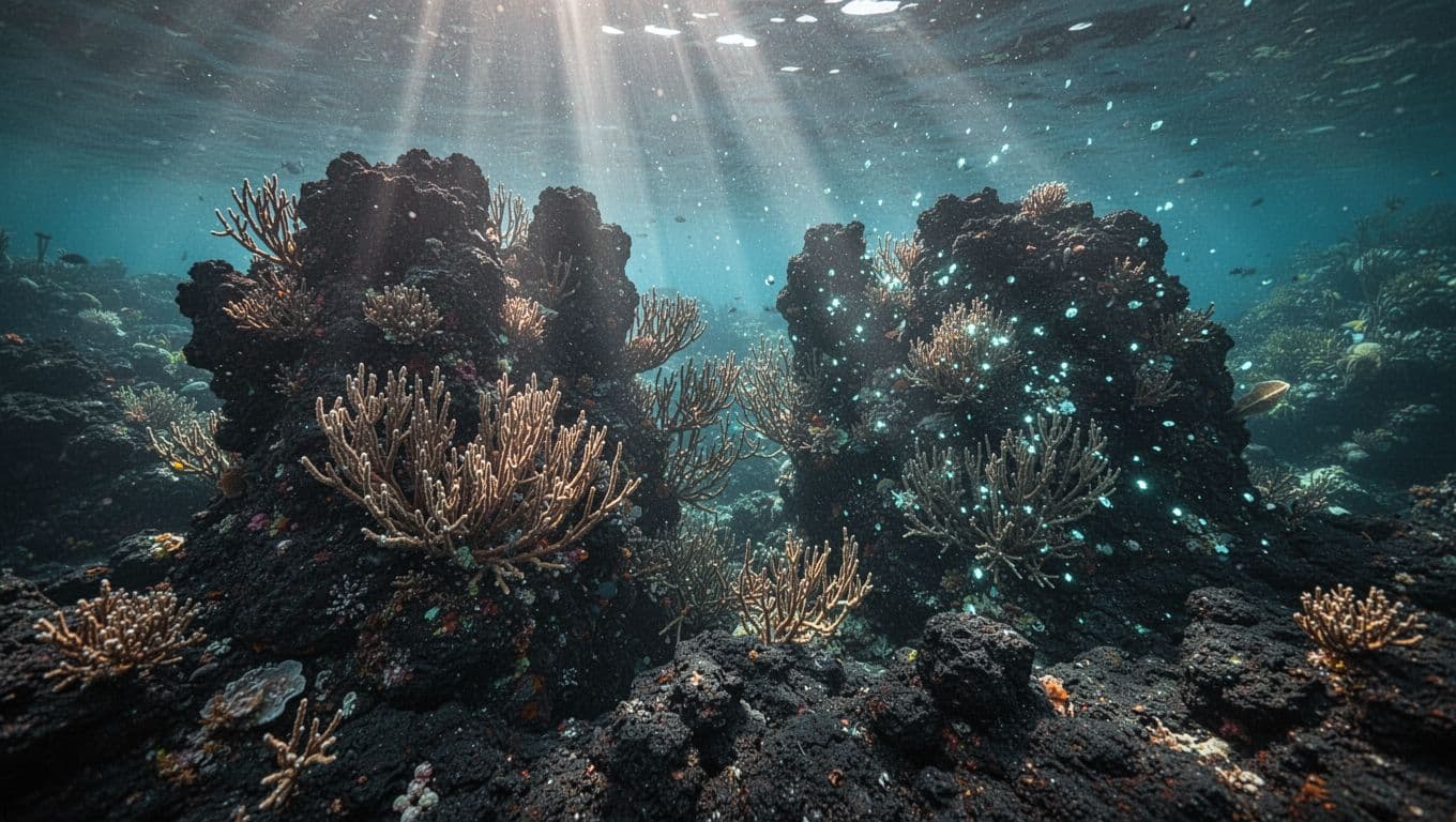 Sunbeams illuminate dark volcanic rocks and coral crevices underwater.