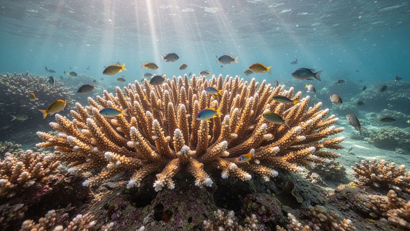 Close-up view of healthy branching coral reef in shallow clear water off Oahu with schools of small colorful reef fish darting around, sunlight beams piercing the surface in cinematic high contrast vibrant colors.