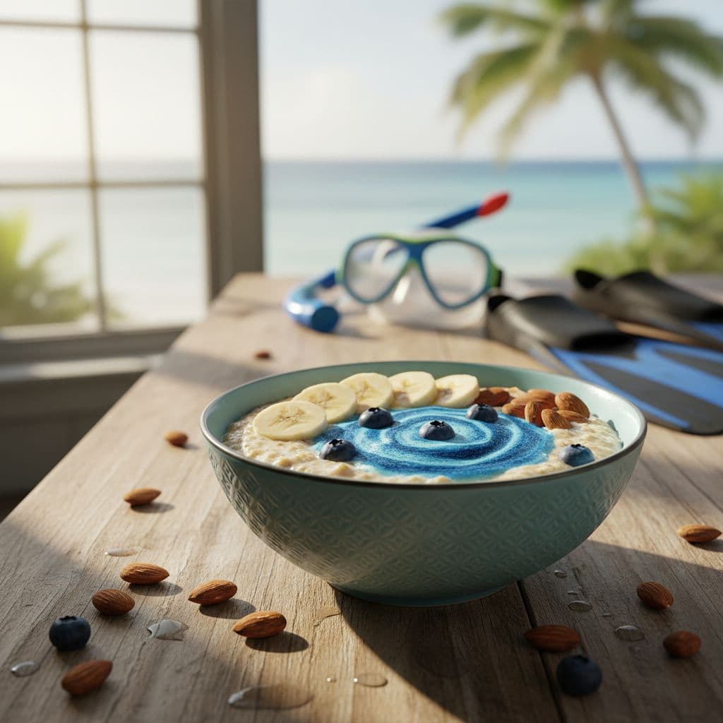 A nutritious oatmeal bowl topped with sliced bananas and crunchy almonds sits on a rustic wooden table.