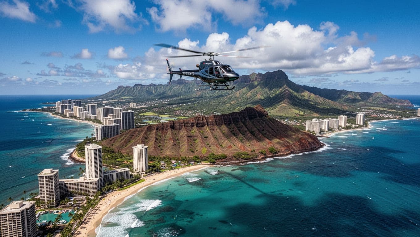 Helicopter hovering above Diamond Head crater with Waikiki Beach, high-rise hotels, and turquoise ocean on Oahu, Hawaii, backed by lush Ko'olau mountains in dramatic aerial view.