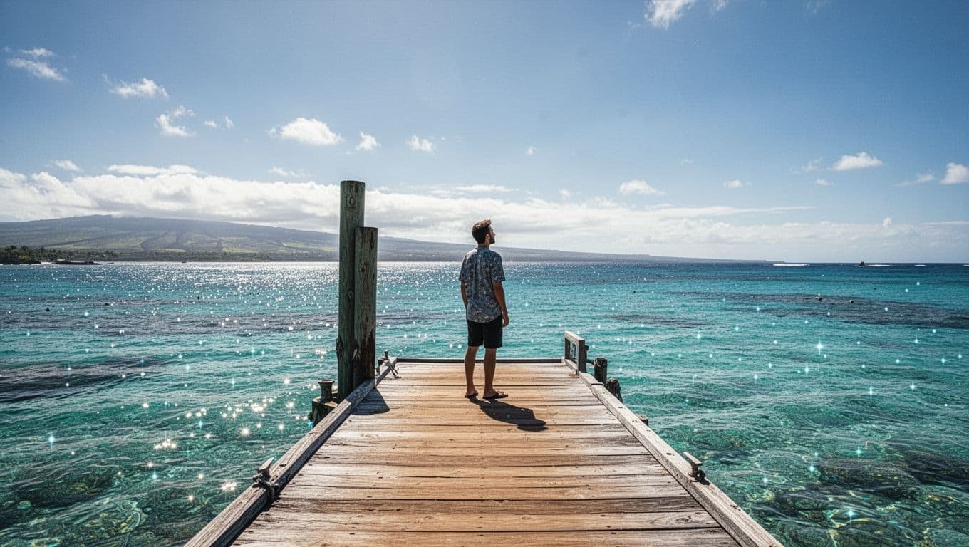 A person standing on a sunlit wooden pier overlooking the crystal blue water in Hawaii.