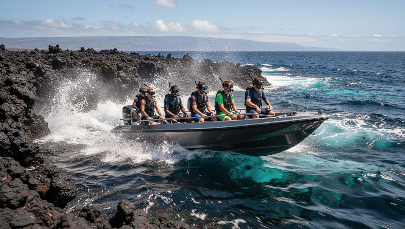 High-speed boat with six snorkelers cruises dynamically along the Kona coastline, black lava rocks meeting deep blue ocean with wave spray and motion blur. Cinematic midday lighting, strong contrast, and #26C3F0 foam accents capture the excitement heading to prime snorkel sites.