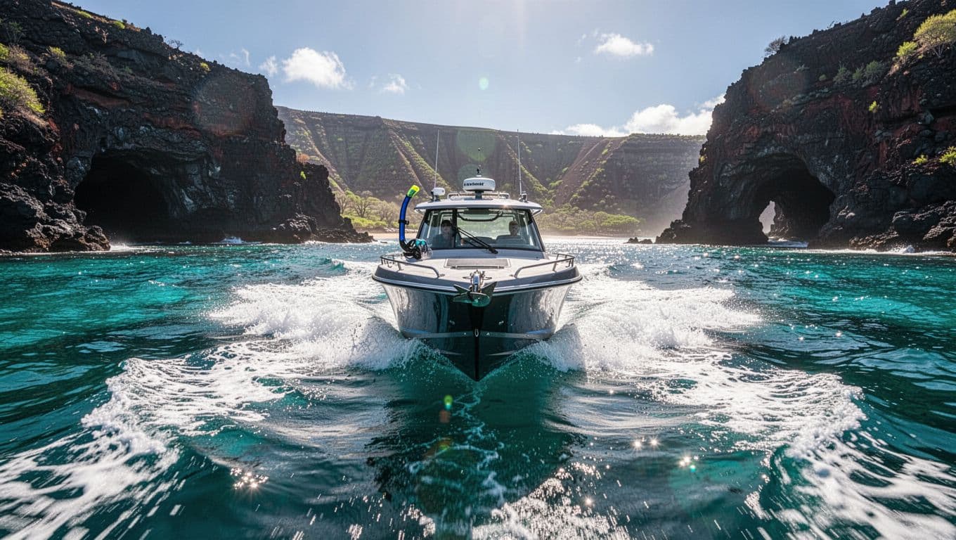 High-speed snorkel boat slicing through turquoise ocean waves along dramatic volcanic Kona coastline en route to Kealakekua Bay, with distant cliffs and sea caves visible from low water level.