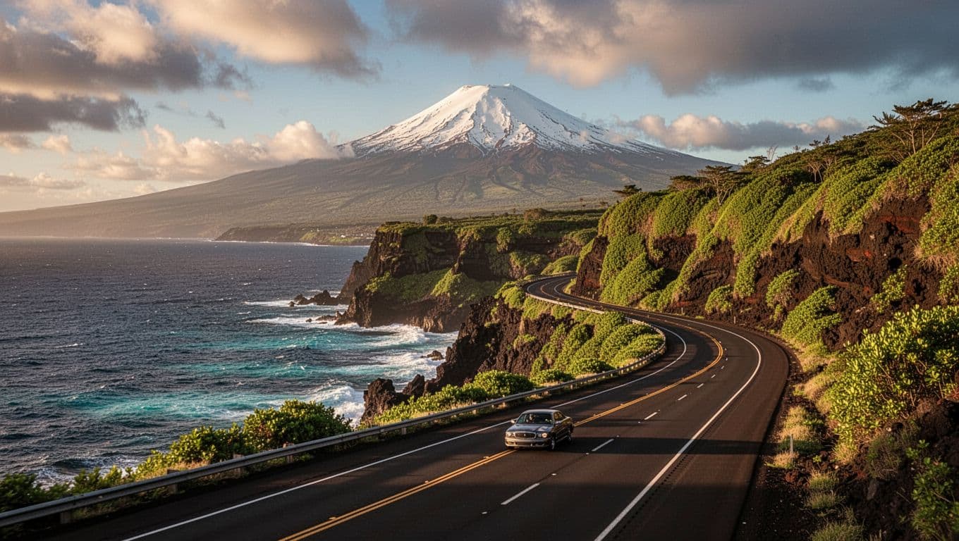 Winding Highway 19 from Hilo towards Kona on Big Island Hawaii features lush green volcanic cliffs dropping to deep blue Pacific Ocean, distant snow-capped Mauna Kea, and a single rental car on the curved road in cinematic golden hour lighting.