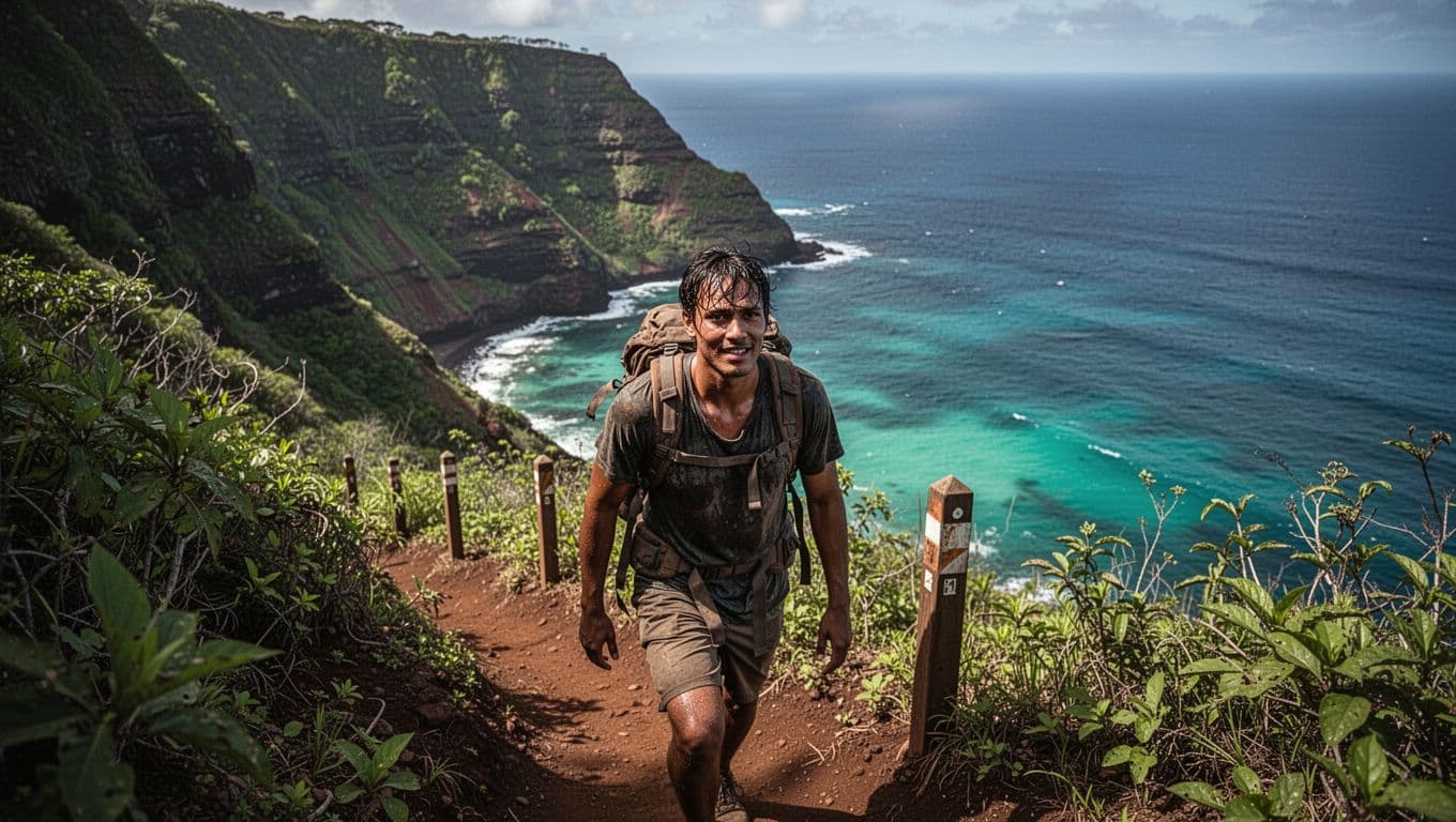 A solitary hiker with a backpack descends the steep, lush coastal Captain Cook Trail under dramatic midday sun, sweating as they overlook the vibrant Kealakekua Bay below.