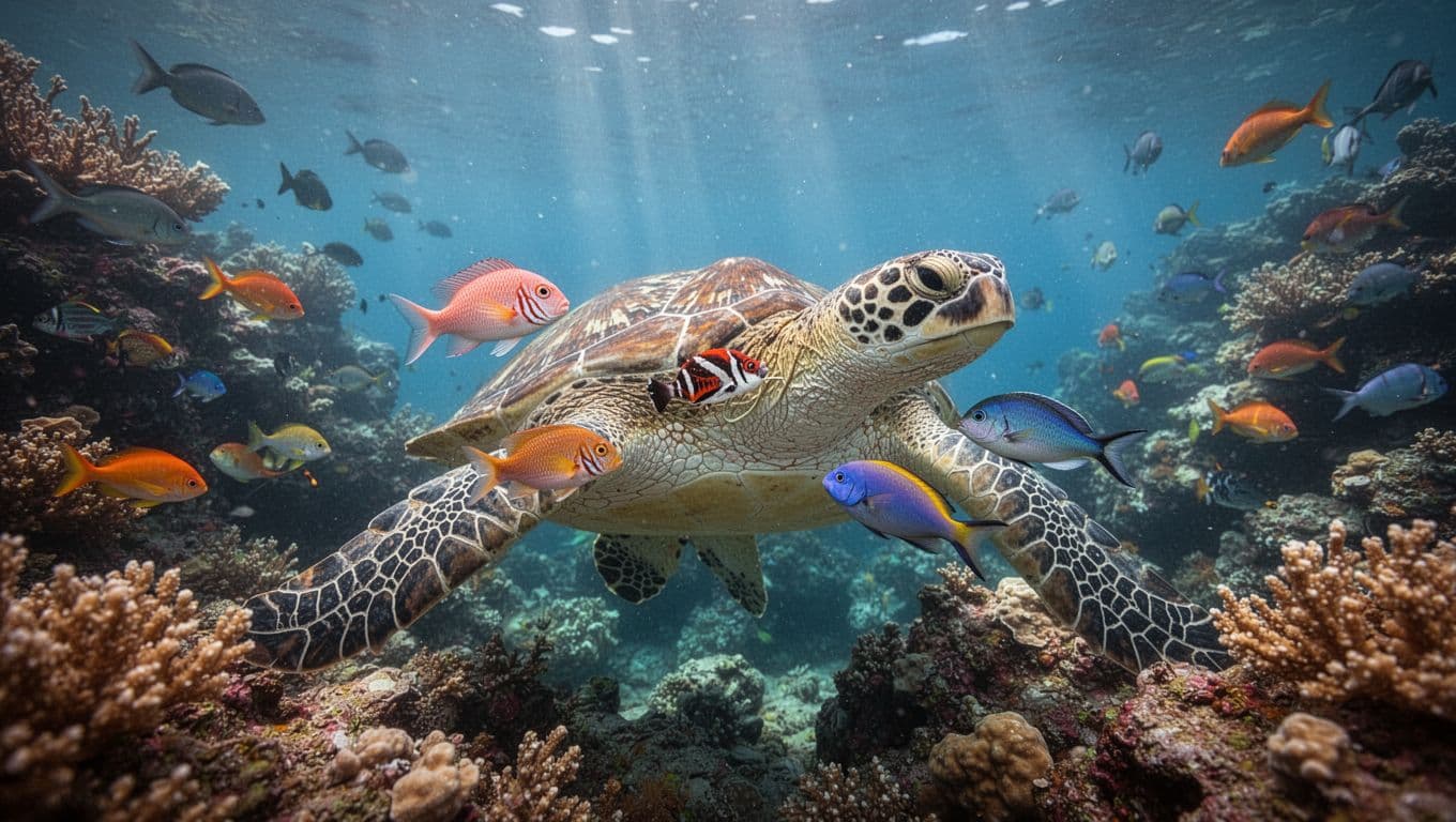 Vibrant coral reef scene in Turtle Canyon, Oahu, with a stationary Hawaiian green sea turtle being cleaned by small Spanish hogfish and bluestreak wrasse in clear blue water illuminated by light beams.