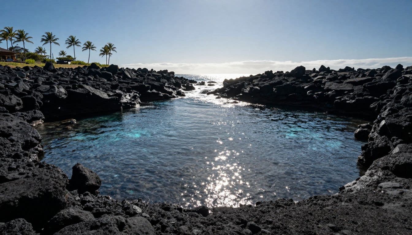 Dark volcanic rocks define the rugged shoreline of a tranquil bay, where clear blue water sparkles under bright sunlight. Lush palm trees line the distant coast, creating a dramatic tropical atmosphere.