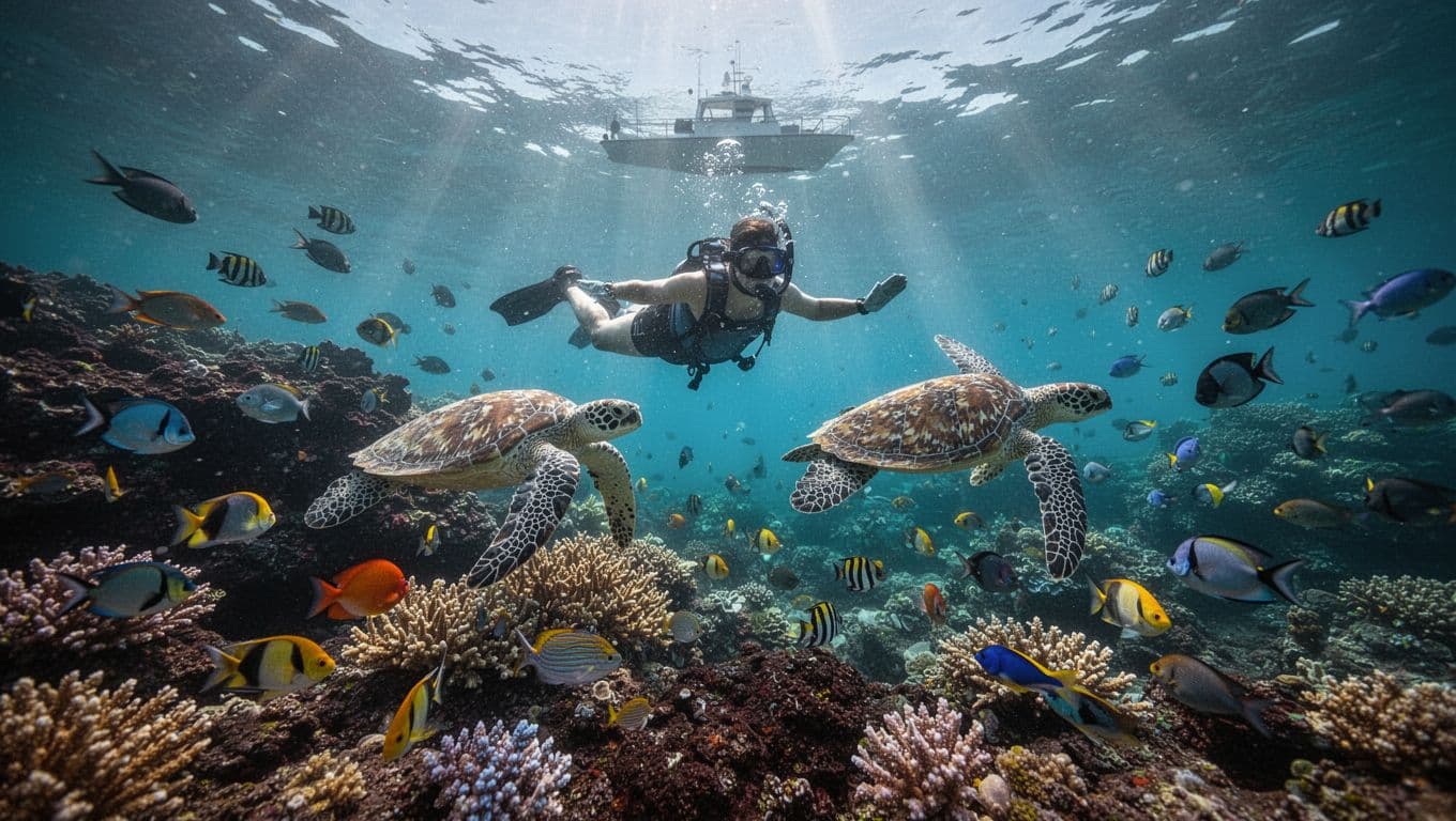 Vibrant coral gardens and lava rock formations in Honaunau Bay on Kona Coast, Big Island Hawaii, with schools of colorful tropical fish, a green sea turtle, and one snorkeler in clear turquoise water, underwater scene looking up to boat silhouette.