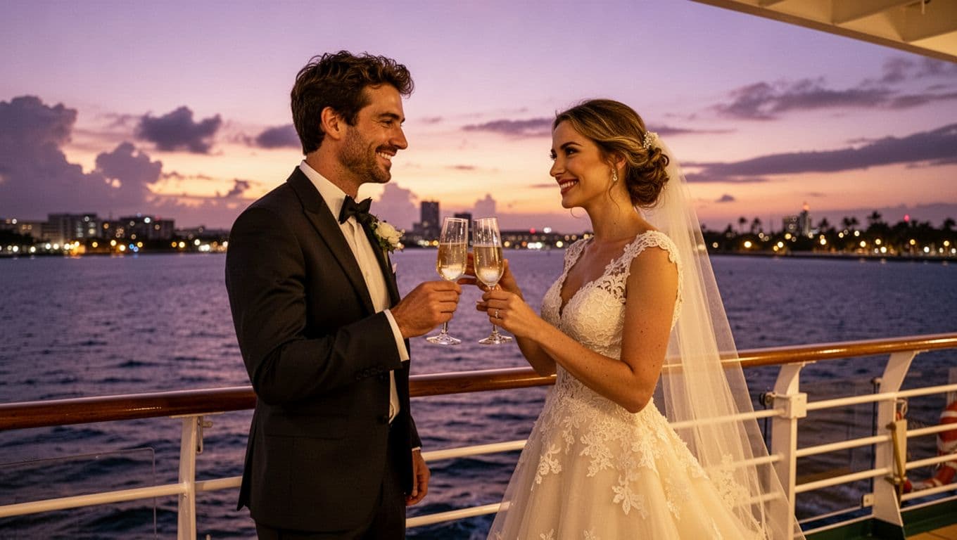 Intimate honeymoon couple toasting champagne flutes on the deck of a sunset cruise boat off Waikiki at twilight, with city lights twinkling on shore, calm sea, and romantic dramatic cinematic lighting.