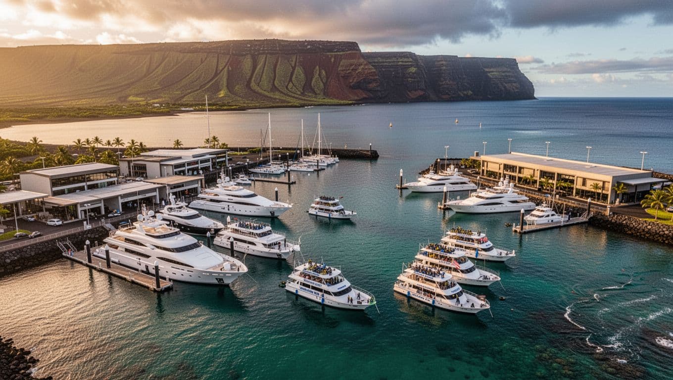 Aerial view of Honokohau Harbor on Big Island, Hawaii at dusk, showcasing calm waters, luxury yachts, snorkel boats for manta ray tours, and distant volcanic cliffs in cinematic golden hour lighting.