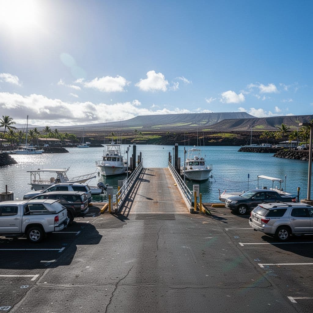 Sunny view of boat launch ramp and parking lot at Honokohau Harbor, Kona.