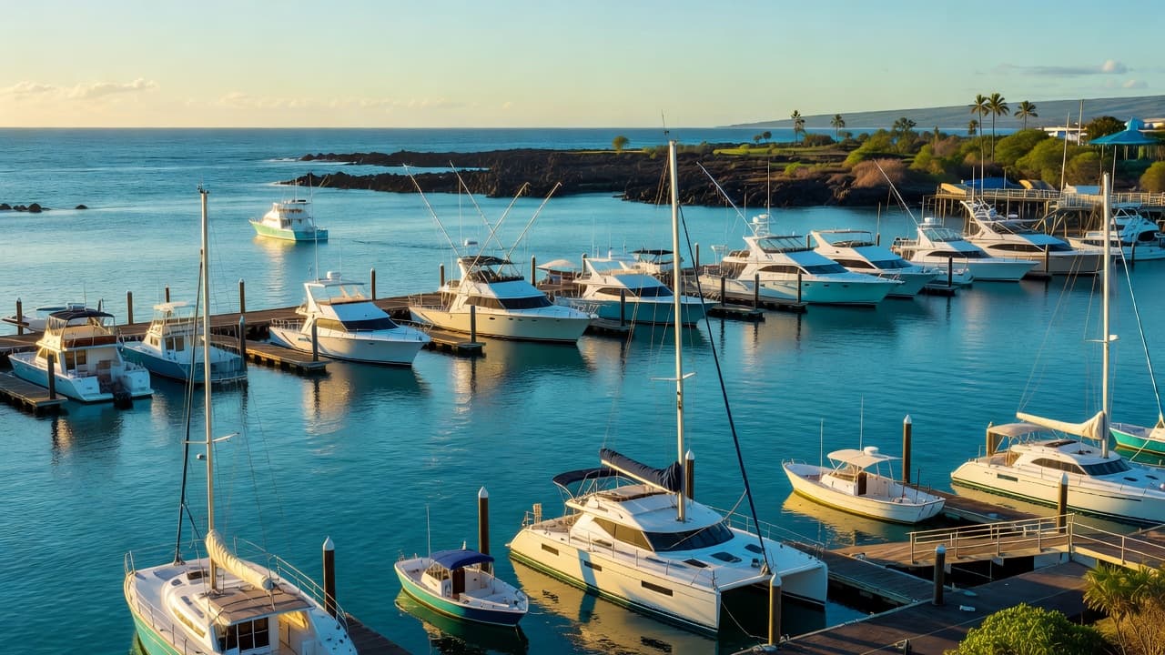 Several sleek white vessels rest peacefully on the calm turquoise waters of the harbor. The bright sunlight creates sparkling cyan reflections against the deep blue ocean surface under clear skies.