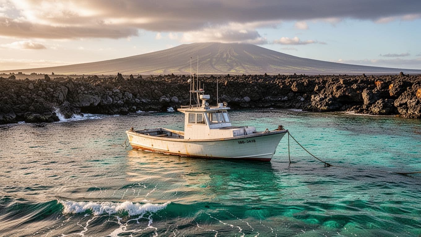 Boats moored peacefully at Honokohau Harbor on Big Island Kona Hawaii, featuring serene turquoise waters, gentle waves, and a volcanic black rock coastline with distant mountains in dramatic golden hour lighting.