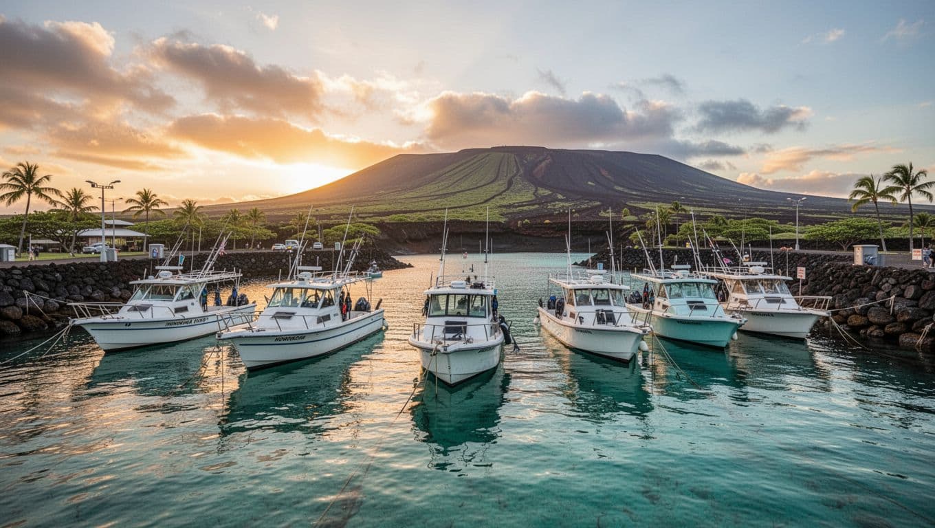 Boats ready for Kona snorkel tours docked at Honokohau Harbor on Big Island Hawaii, with calm turquoise waters reflecting sunset and volcanic coastline in background.