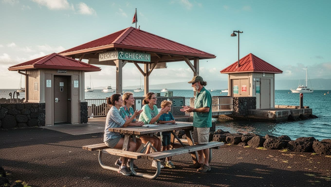 Relaxed check-in scene at Honokohau Harbor pavilion in Kona, Hawaii, featuring two adults and one child chatting with a guide at a picnic table, ocean harbor background, red-roofed restrooms nearby, morning light with cinematic dramatic contrast.
