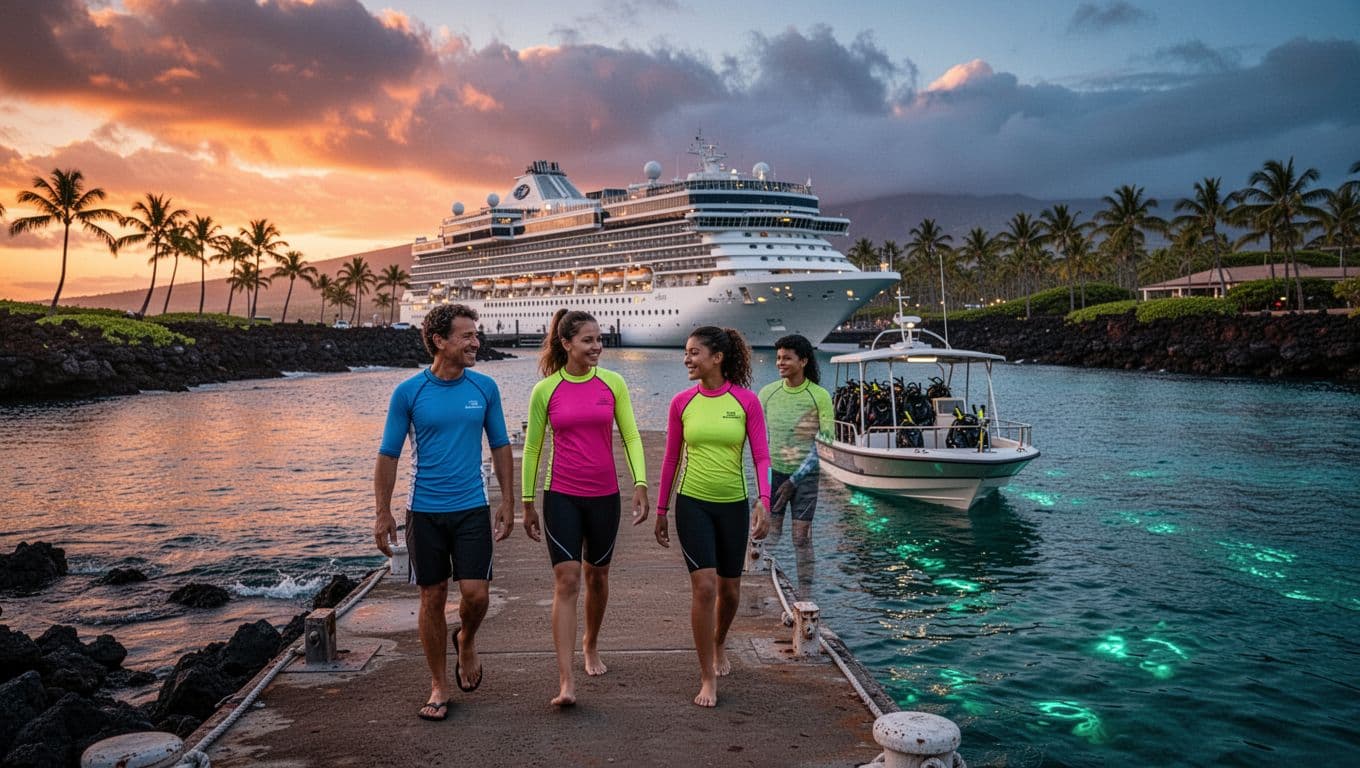 Cruise ship docked at Honokohau Harbor with four guests walking pier to departing snorkel boat at dusk.