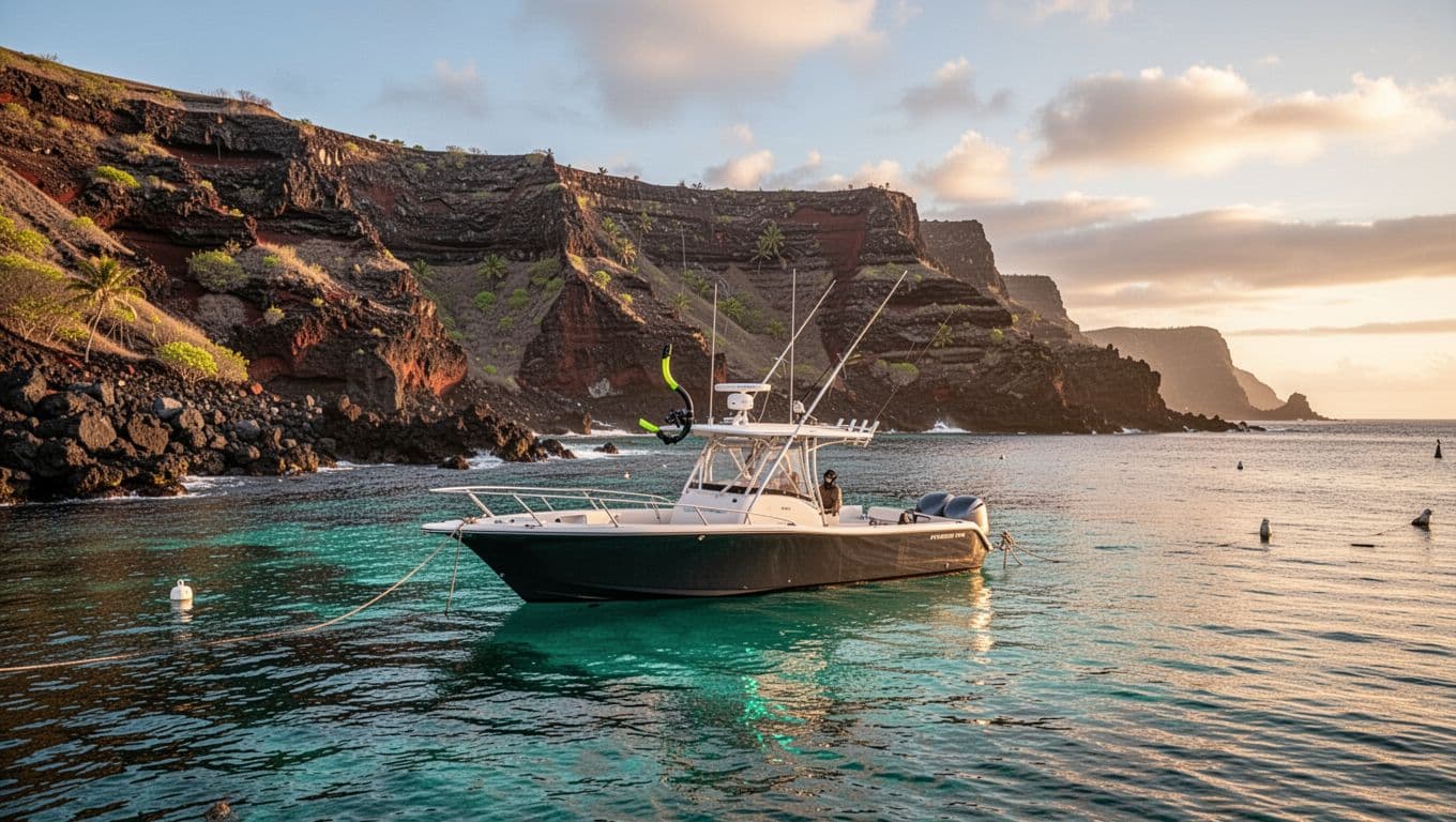 Honokohau Harbor on Big Island Hawaii at dawn, featuring a luxury snorkel boat moored in calm turquoise waters reflecting dramatic volcanic cliffs in a wide cinematic landscape.