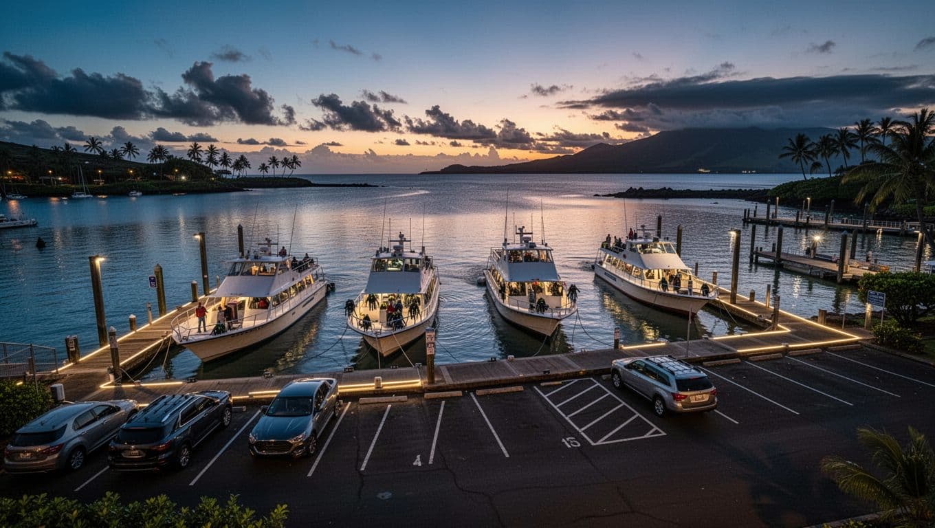 Dusk view of Honokohau Harbor marina in Kona, Hawaii, with docked boats for night manta ray snorkel tours and nearby parking lot under dramatic twilight lighting.
