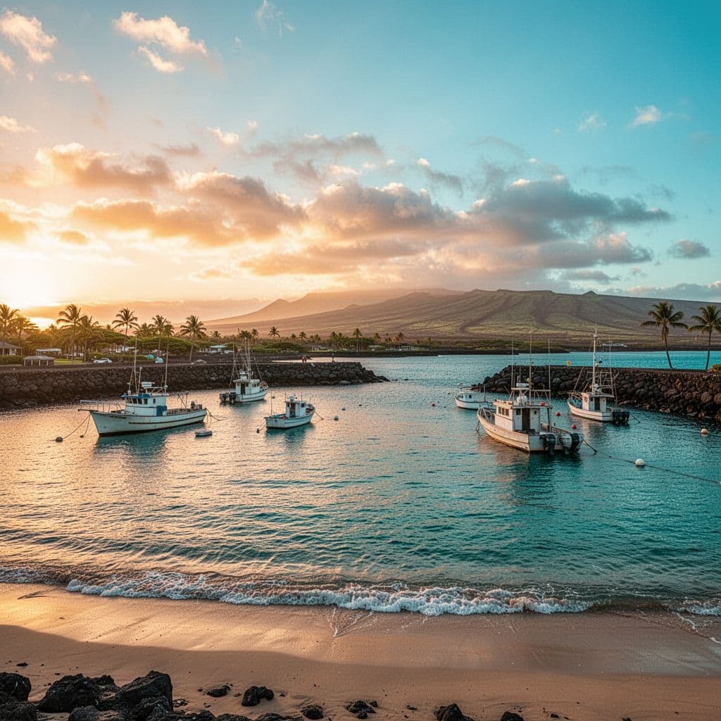 Small boats bob gently in the turquoise waters of the harbor as the sun sets. Dramatic golden light illuminates the shoreline and reflects off the calm ocean surface during dusk.