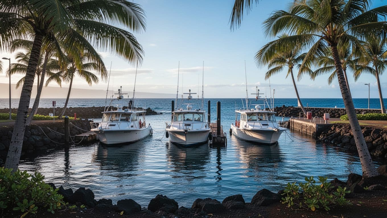 Honokohau Harbor marina in Kona with three boats ready for snorkel tours, palm trees, ocean backdrop, morning light, calm waters in cinematic style with strong contrast, depth, and dramatic lighting.