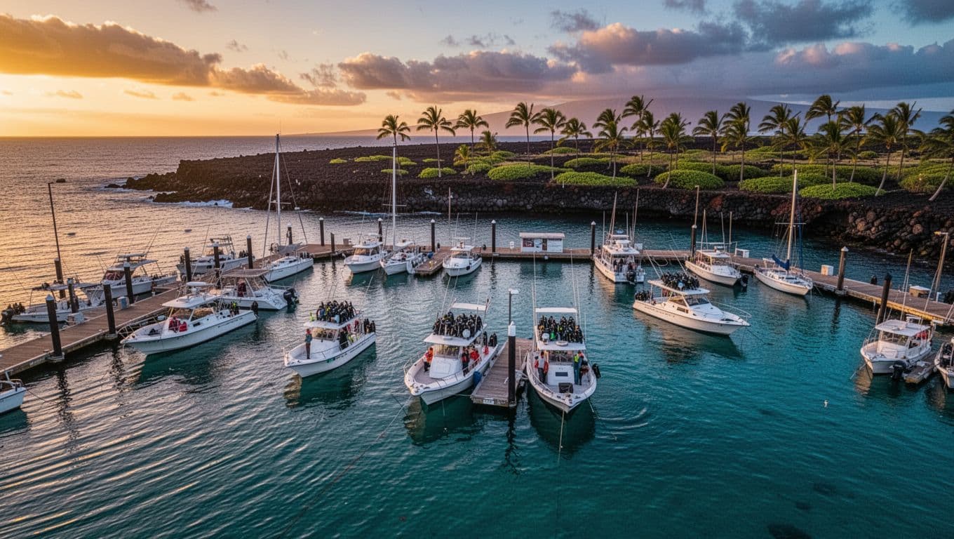 Scenic aerial view of Honokohau Harbor in Kona, Hawaii at sunset, with snorkel boats docked at the marina in calm turquoise waters, distant volcanic coastline, and palm trees in cinematic style with dramatic golden lighting. Ideal departure point for manta tours, no people or moving boats visible.