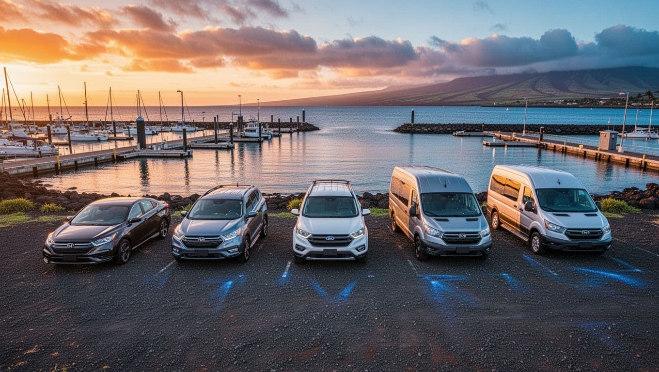 Spacious gravel parking lot with rows of five rental cars at Honokohau Harbor in Kona, Hawaii, during golden hour sunset, featuring modern marina slips, calm ocean bay, and dramatic cinematic lighting with warm orange tones.