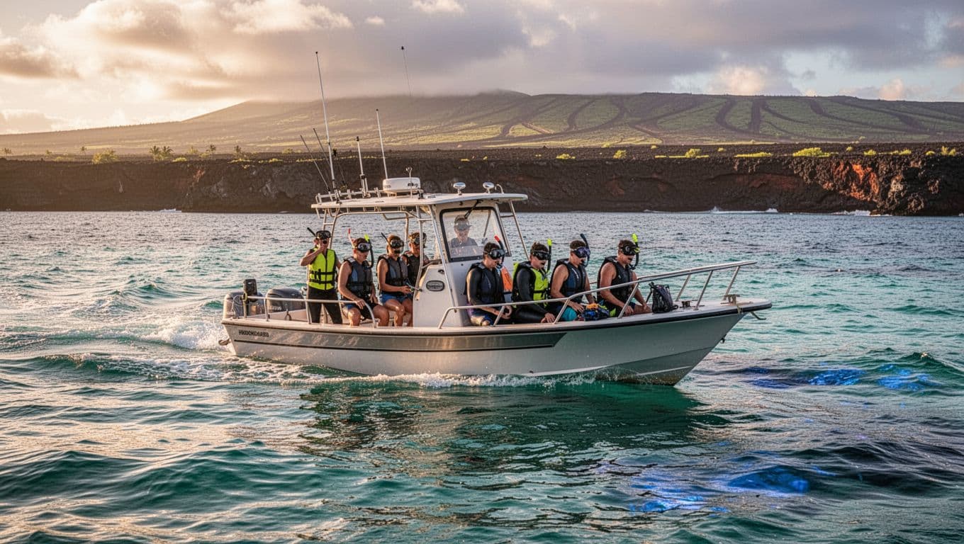 Small adventure boat departing sunny Honokohau Harbor toward the open ocean, with excited passengers wearing snorkel gear on deck amid calm turquoise waters and distant volcanic coastline under dramatic golden hour lighting.