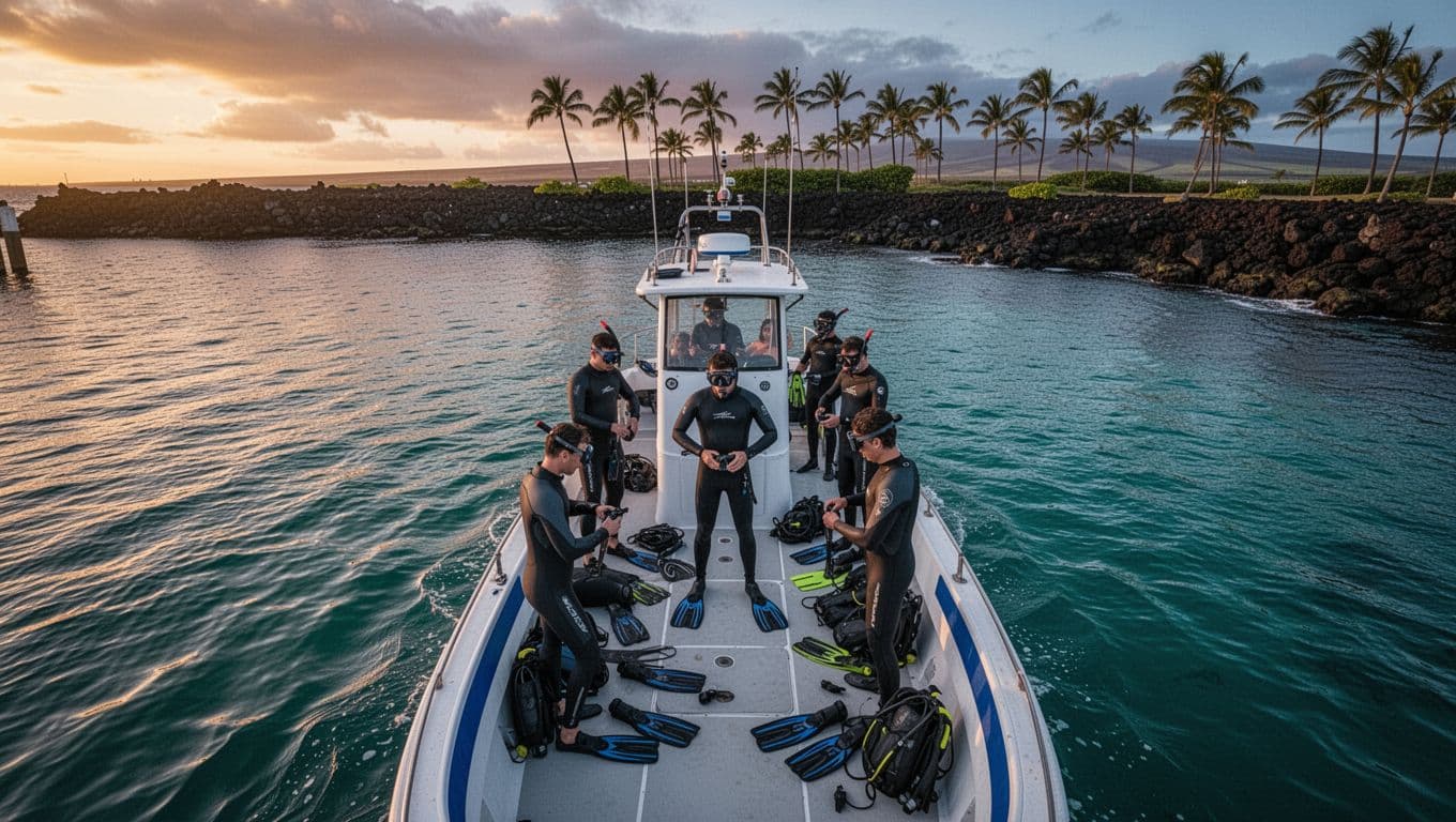 Scenic overhead view of a snorkel boat leaving Honokohau Harbor at sunset for a Kona manta ray night snorkel tour, with passengers gearing up in wetsuits, masks, and fins on deck amid calm turquoise waters and distant Kona coastline.