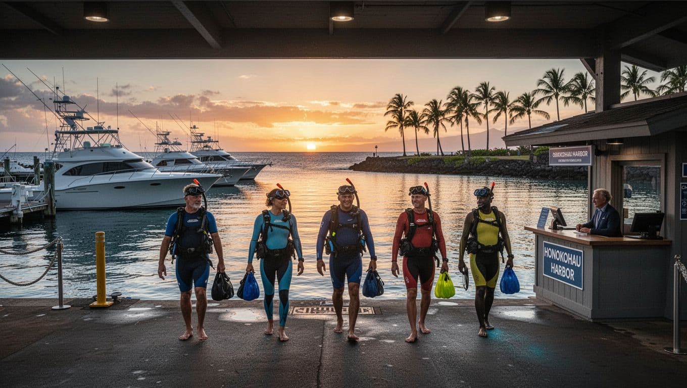 Excited group of six diverse adult snorkelers arrives for check-in at Honokohau Harbor marina in Kona at sunset, featuring docked modern boats, calm ocean reflecting golden light, harbor entrance, and palm trees.