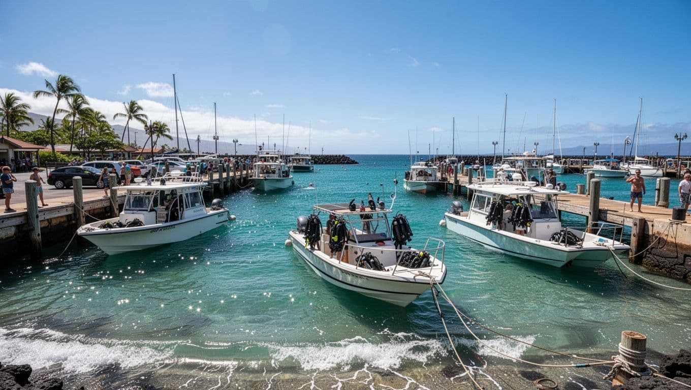 Snorkeling boats docked at a vibrant Hawaii harbor under a clear blue sky.