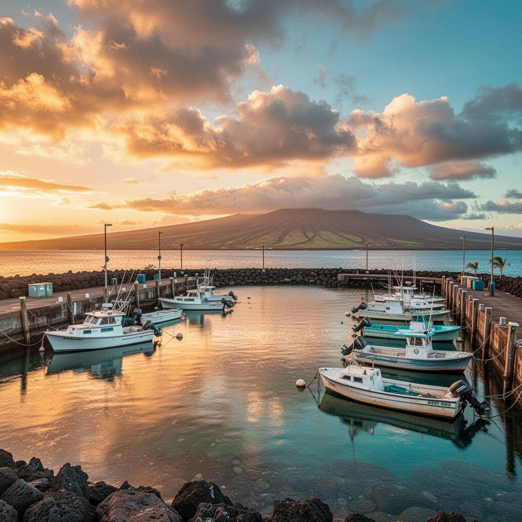 Small fishing boats rest peacefully at the wooden docks as golden sunlight illuminates the calm harbor waters. In the distance, the rugged volcanic coastline stretches toward the horizon under a glowing sky.