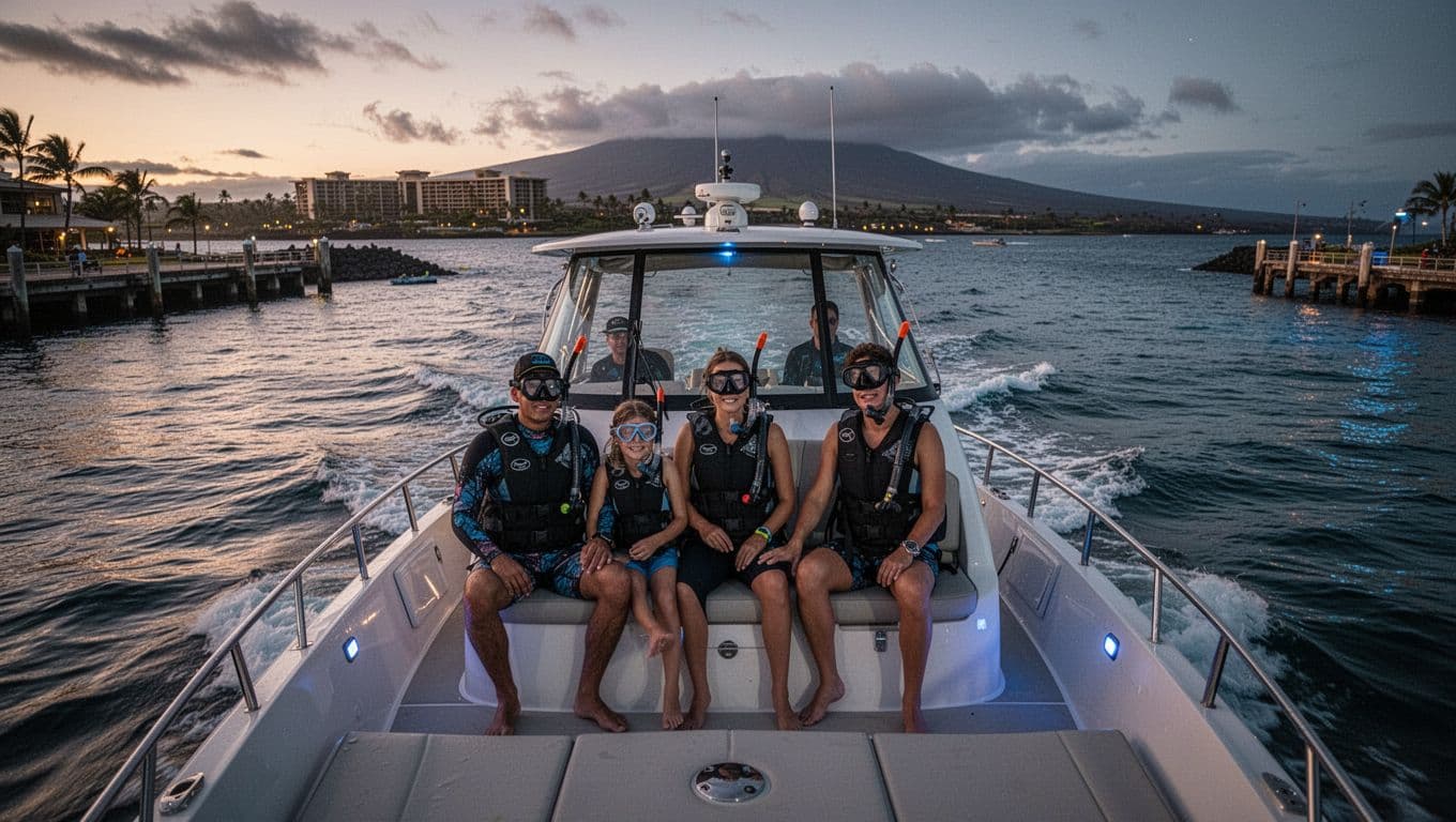 Sleek tour boat leaves Honokohau Harbor at dusk with four people in snorkel gear on deck, Mauna Lani coastline distant.