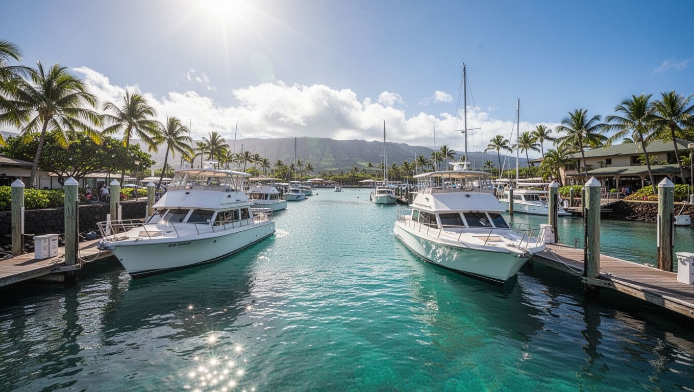 Tour boats docked at Honokohau Harbor under bright blue skies.