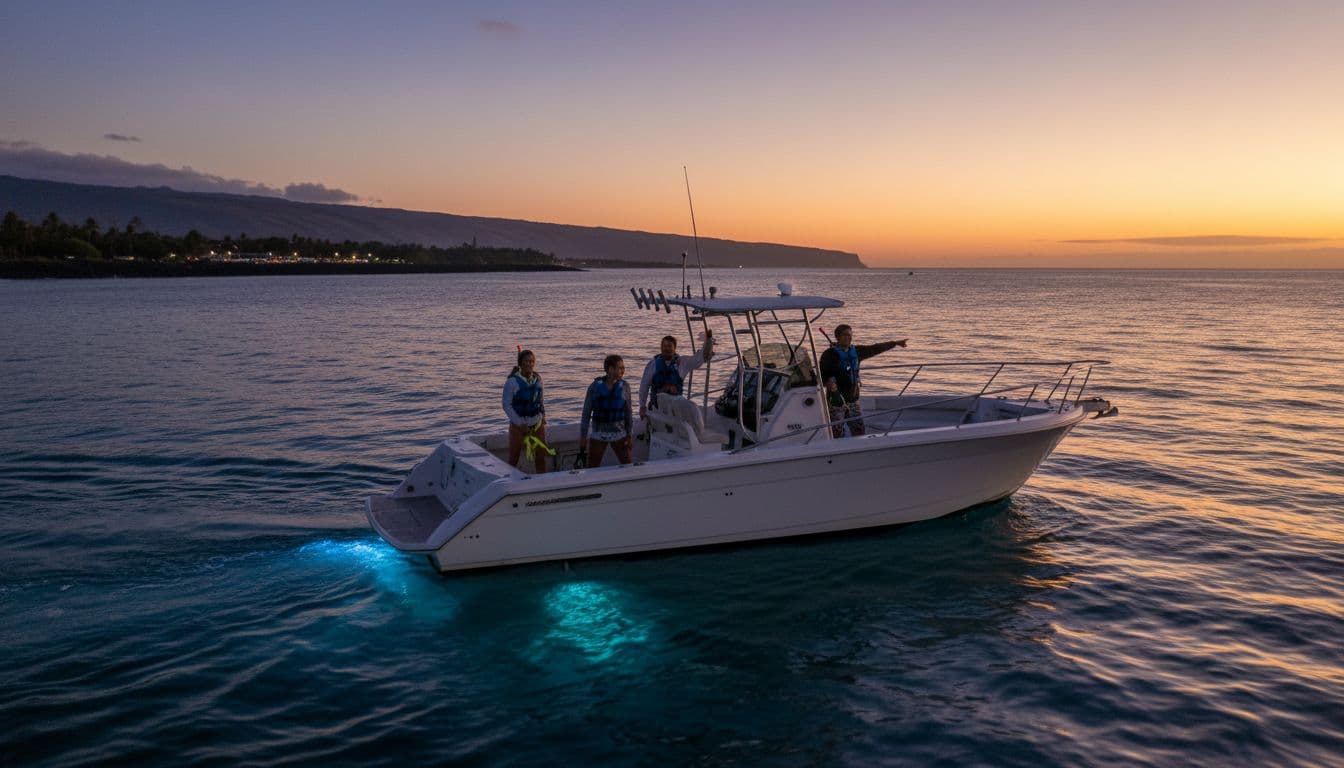 Calm boat leaves Honokohau Marina at dusk with four excited people on deck, ocean horizon and volcanic coastline visible.