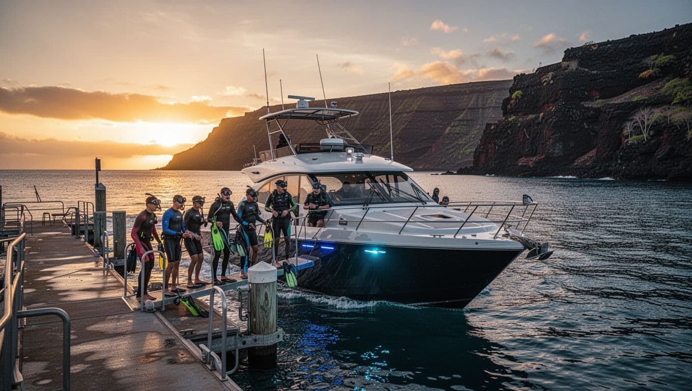 A sleek tour boat departs Honokohau Marina in Kona at dusk under a golden sunset, with excited snorkelers boarding for a manta ray adventure amid calm waters and volcanic coastline.
