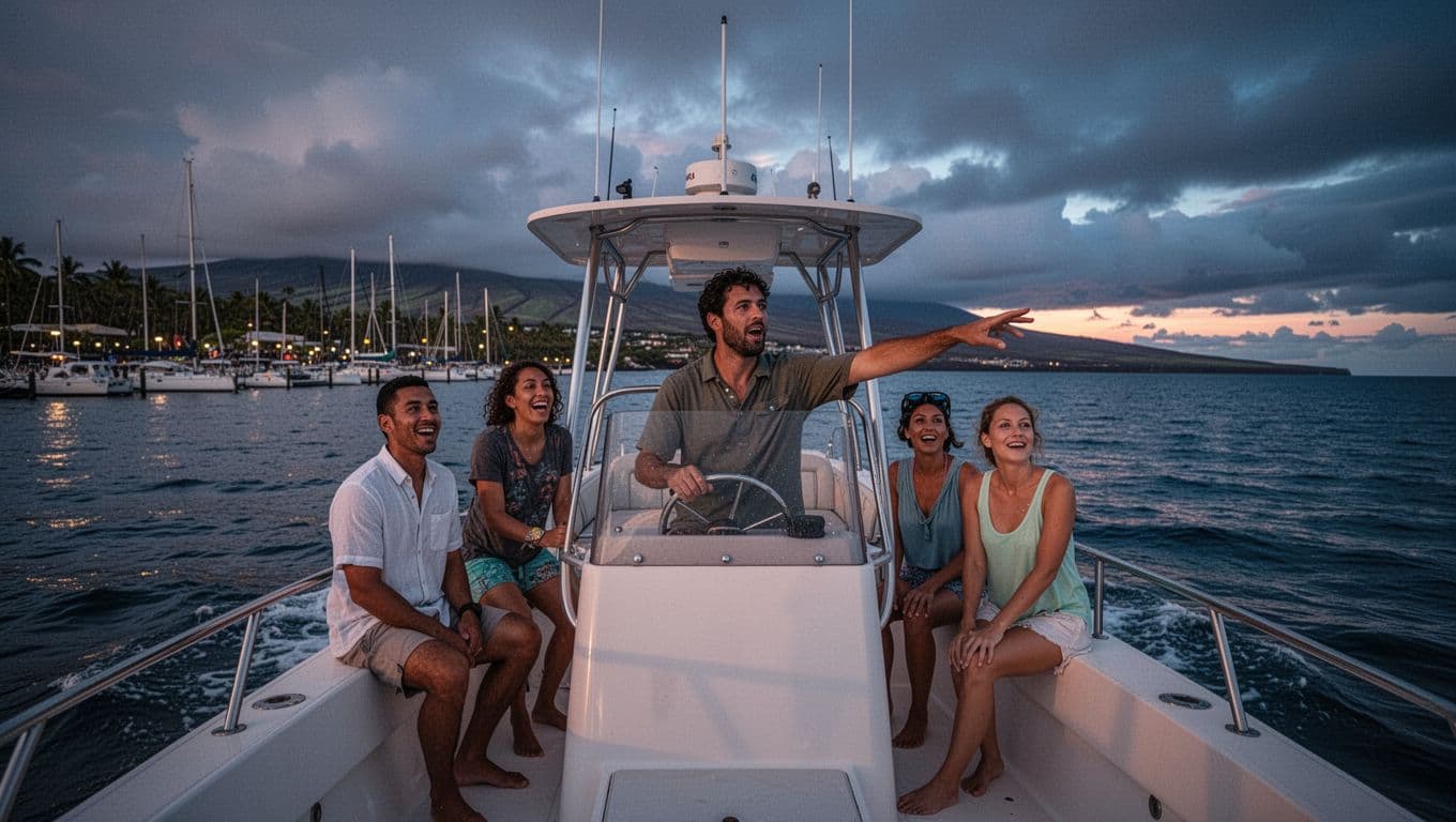 A family couple, friend, and captain on a private boat departing Honokohau Marina at dusk for manta snorkeling, with excited expressions, gear ready, captain pointing to the ocean, and Kona coastline in dramatic sunset lighting.