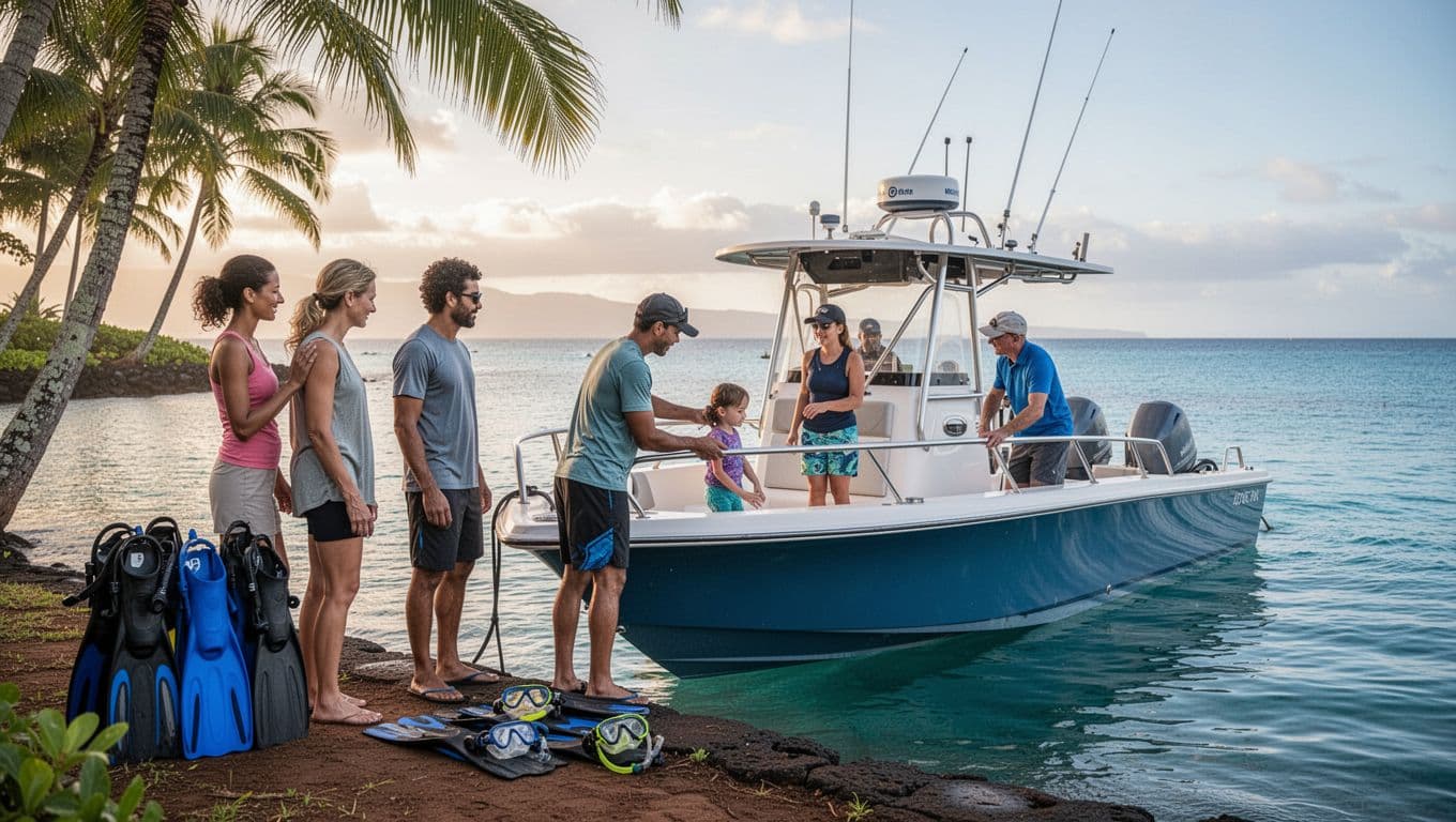 Small group of diverse tourists boards snorkel boat at Honokohau Marina, masks and fins stacked nearby on palm-lined shore.