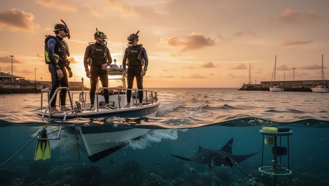 Snorkelers on a small boat departing Honokohau Marina at sunset for manta ray night snorkel in Kona, Hawaii, with calm ocean waves and distant manta ray cleaning station silhouette.