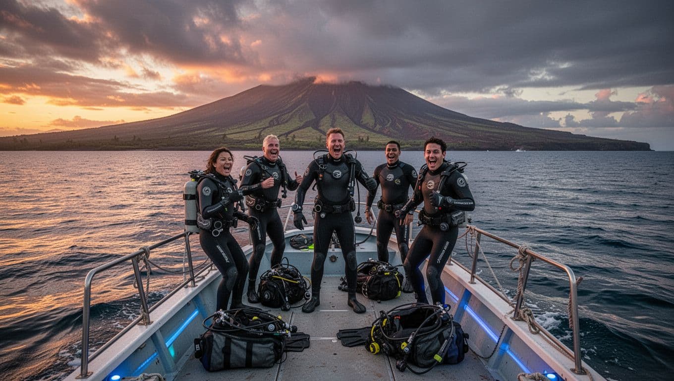 Five excited people in wetsuits board a boat at sunset from Honokohau Marina on Big Island, Hawaii, with volcanic coastline and ocean horizon, gear bags nearby, in cinematic style with dramatic warm lighting.