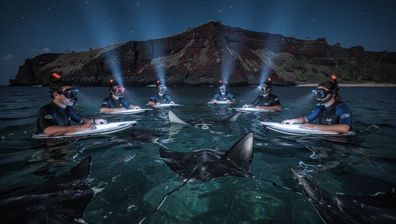 Six snorkelers at night hold onto a custom-lit board in clear Hawaiian waters, attracting majestic manta rays gliding below, with volcanic coastline backdrop and dramatic blue underwater lighting.