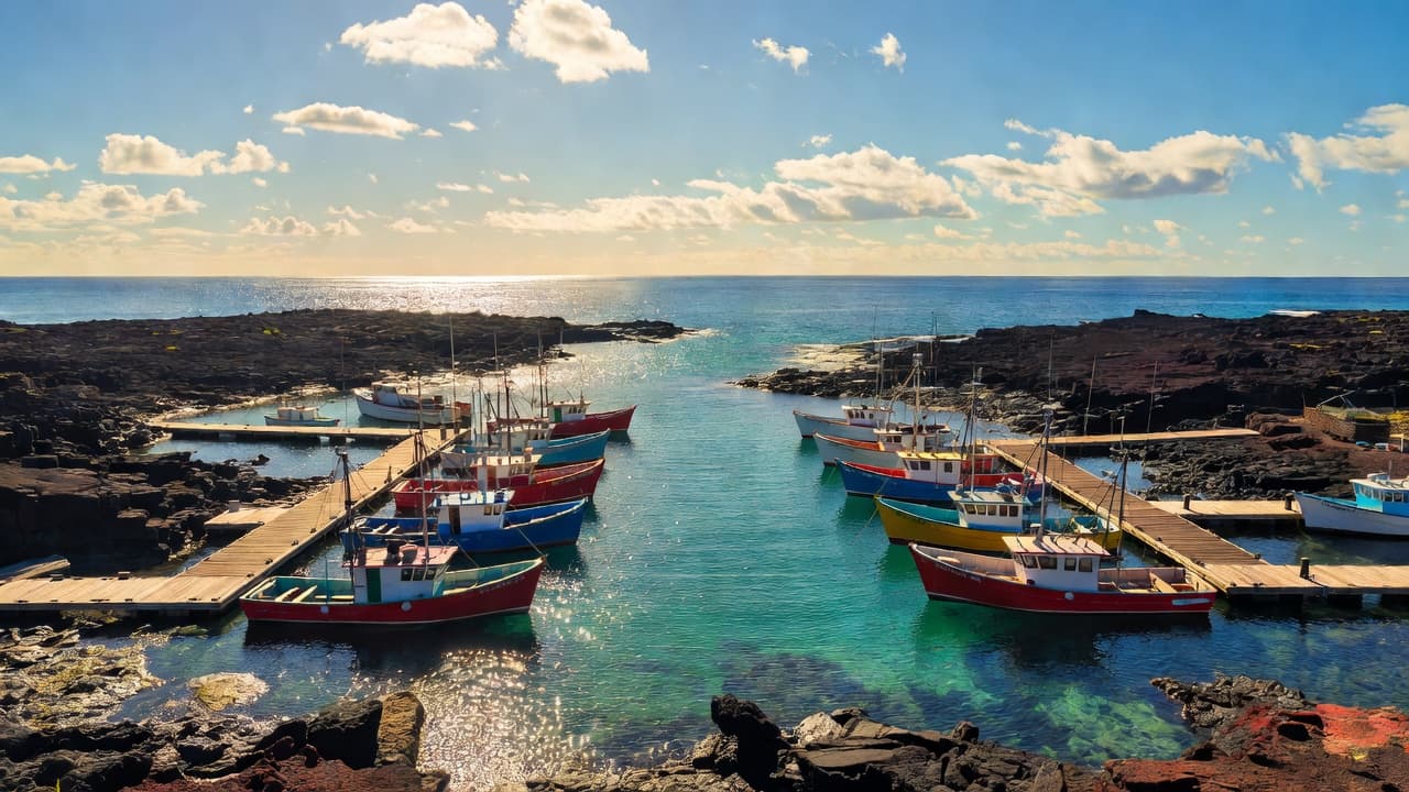 Vibrant fishing vessels float on turquoise waters beside a rugged volcanic shoreline at this Hawaii marina. The crystal clear harbor entrance glows under a bright tropical sky with sharp, cinematic lighting.