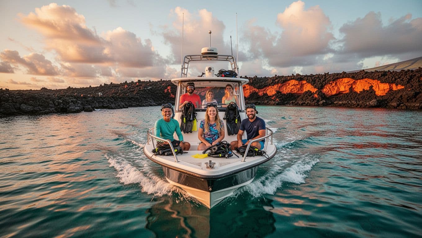 A small group of diverse tourists excitedly prepares snorkel gear on the upper deck of a boat departing Honokohau Harbor in Kona, Big Island Hawaii, at sunset with calm turquoise ocean and glowing volcanic coastline.
