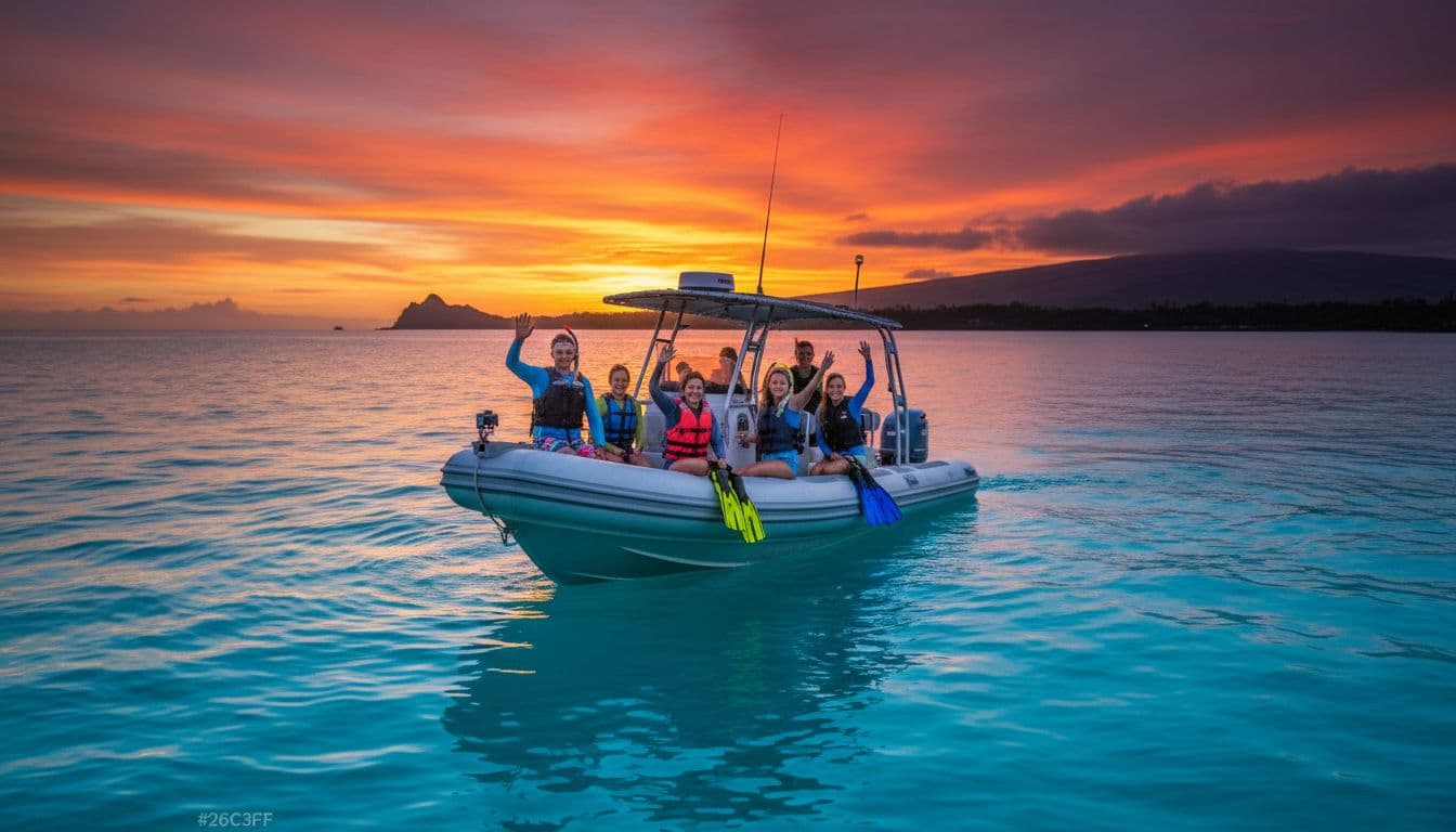 Small boat with six passengers in rash guards departs Honokohau Harbor at sunset amid turquoise waves and silhouetted volcanic coast.