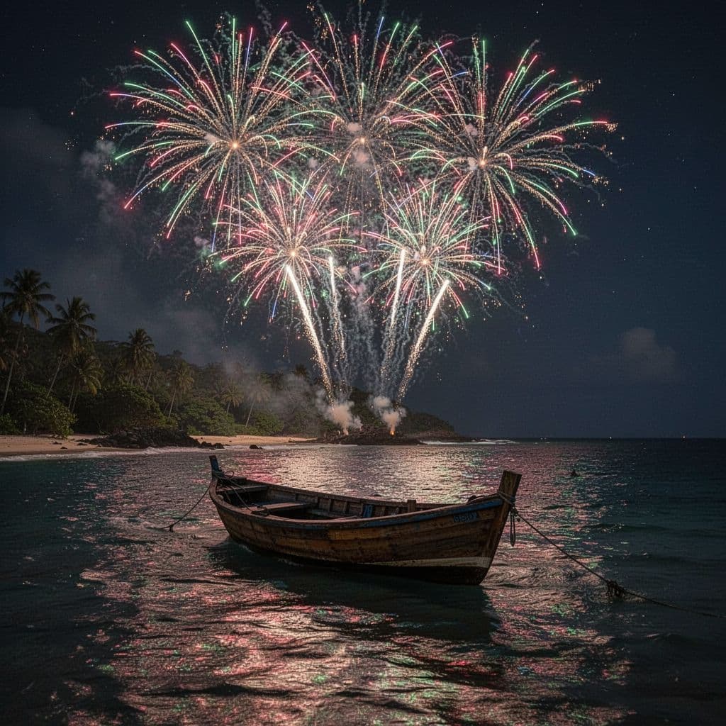 A boat floats on dark water near the Honolulu coastline as fireworks light up the night sky.