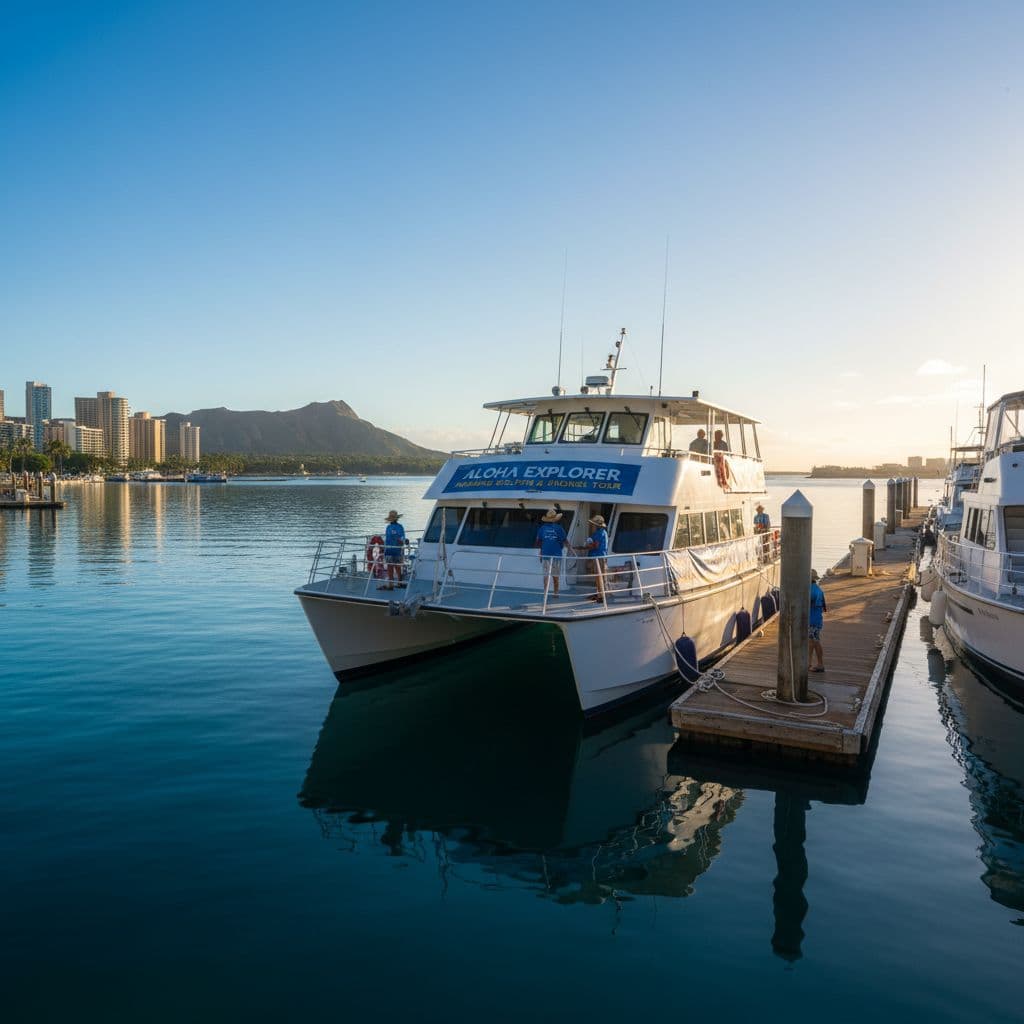 A tour boat rests at the wooden dock in a Honolulu marina under a bright morning sun. The calm blue water reflects the clear sky while tropical hills sit in distance.