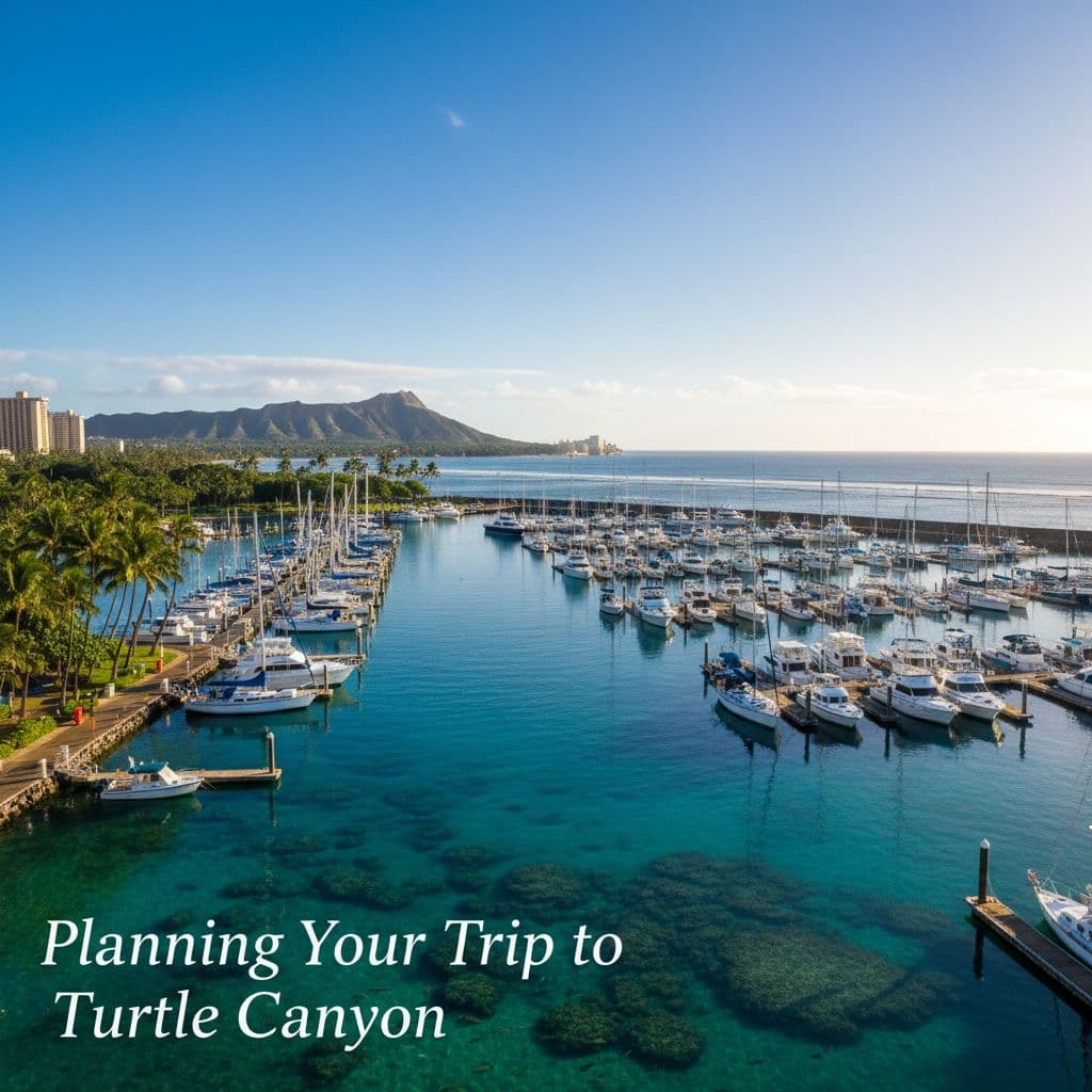 Boats docked in Honolulu harbor with tropical blue water and clear sunny sky.