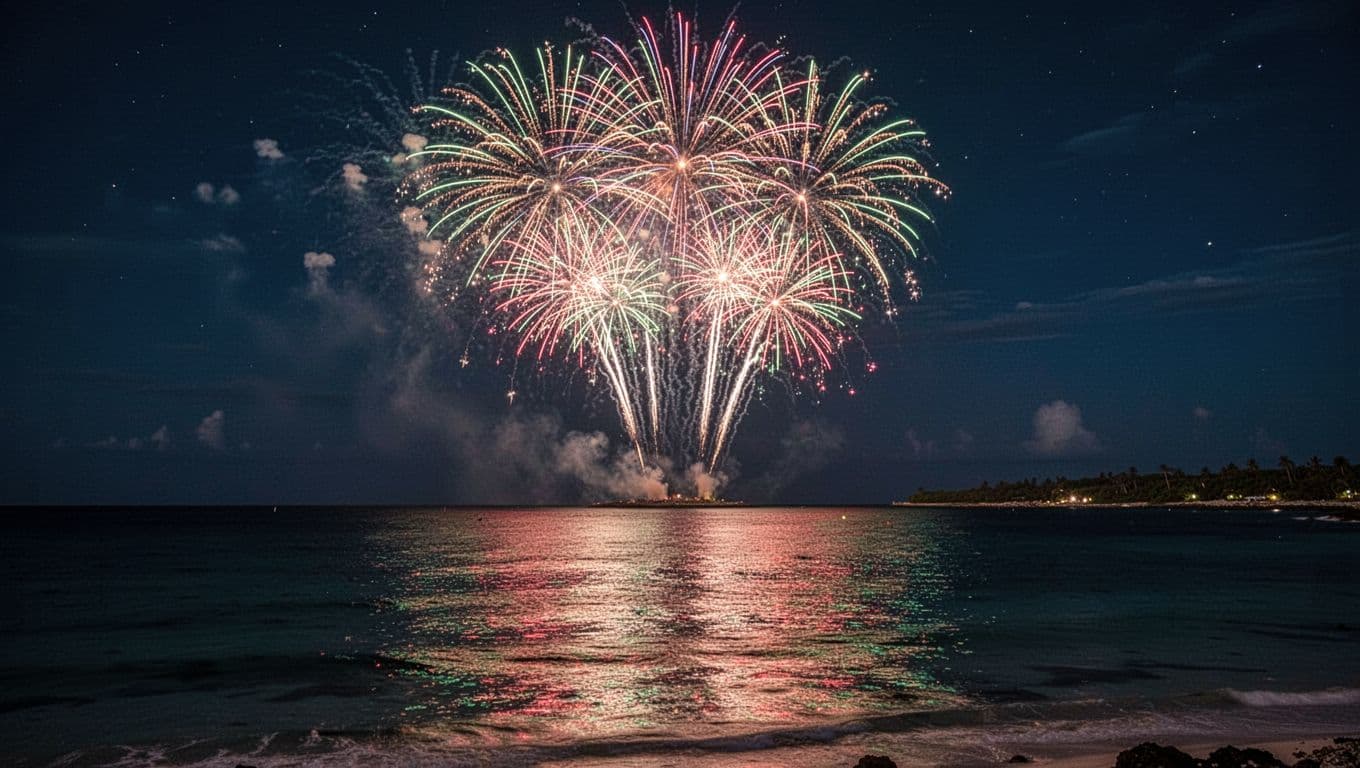 Brilliant bursts of colorful fireworks illuminate the dark night sky above a calm ocean. Vivid light reflections ripple across the water's surface, while the faint silhouette of the Honolulu coastline appears distant.