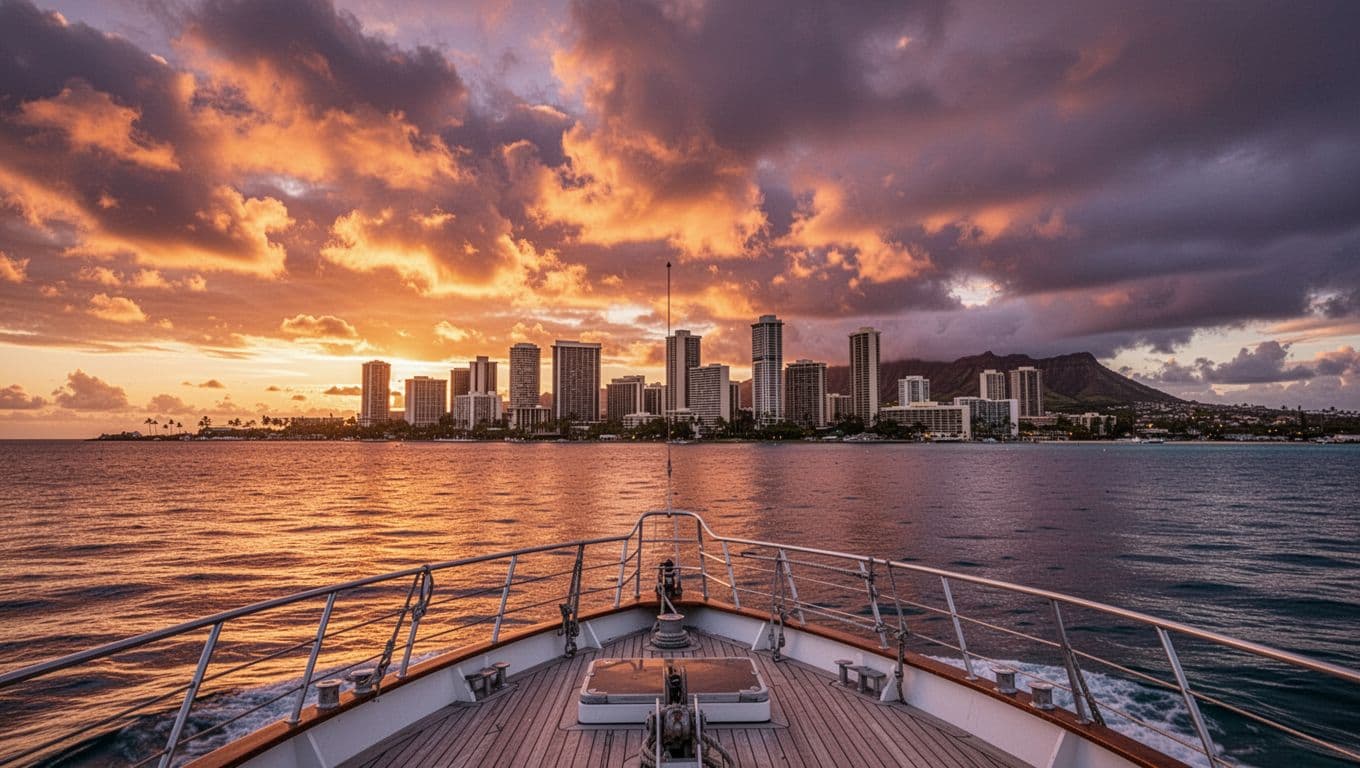 View from a boat of Honolulu skyline at sunset with orange-purple sky and calm ocean reflecting light.