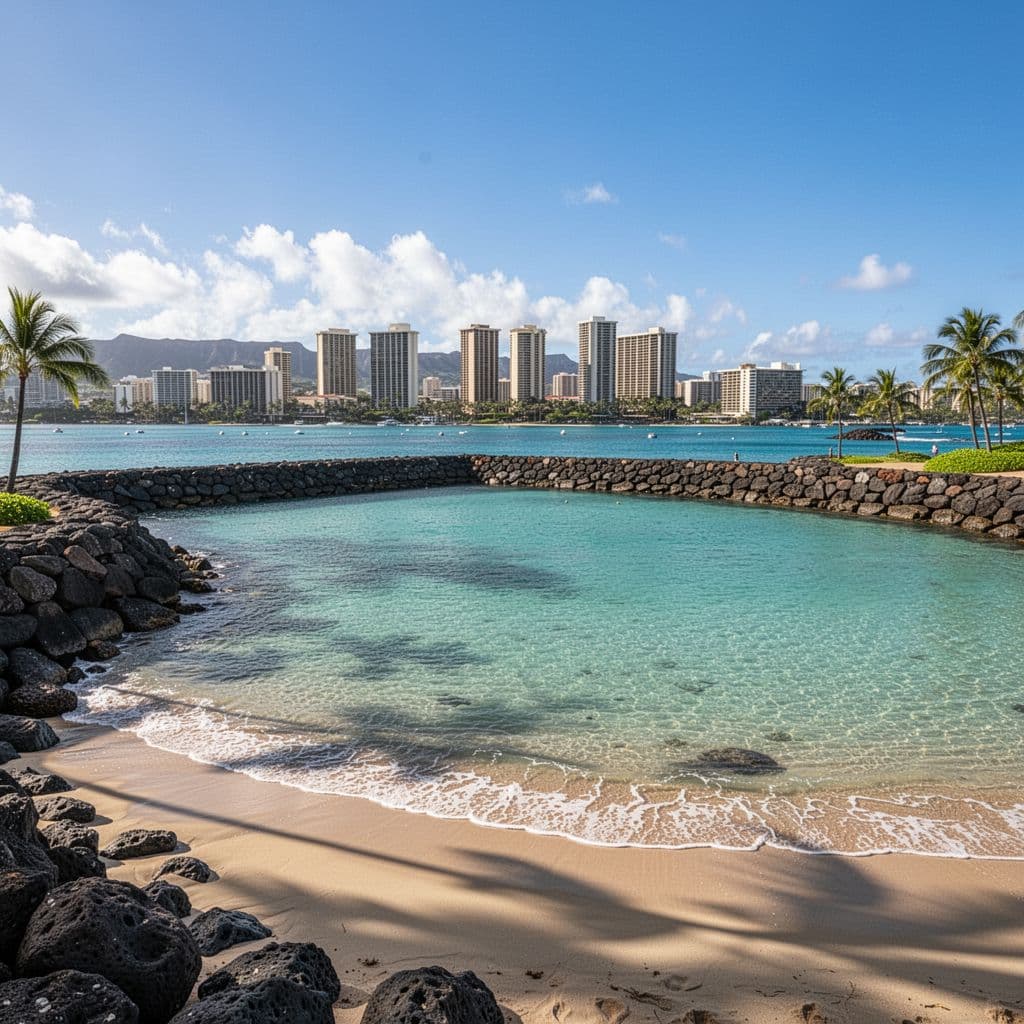 A clear, turquoise, calm ocean lagoon protected by a man-made rock barrier, with a sandy beach and a view of the Honolulu skyline in the distance, sunny day, cinematic style with strong contrast and depth, no people, no text.